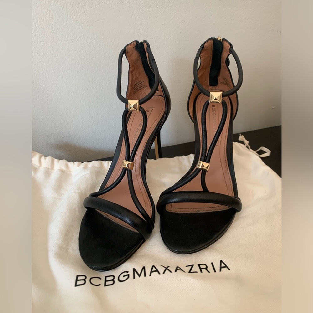 BCBGMAXAZRIA Black Sandal Heels with Gold Stud Detail